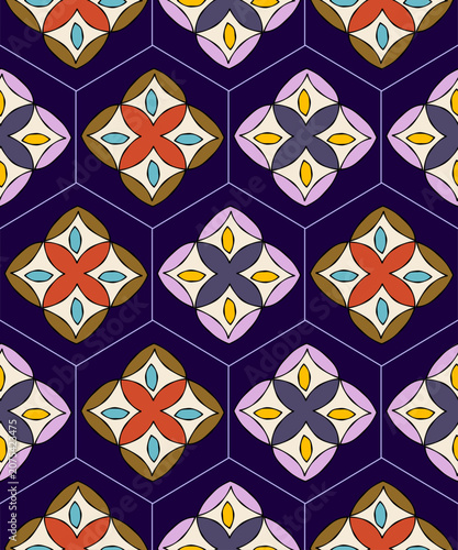 Geometric Floral Pattern: An intricate and vibrant geometric pattern featuring stylized floral motifs arranged in a hexagonal grid. The design uses a rich color palette of deep blue, orange, purple.