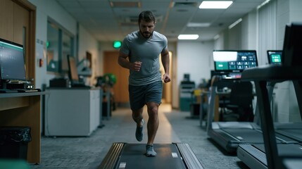 Football athlete running on treadmill in modern sports performance lab