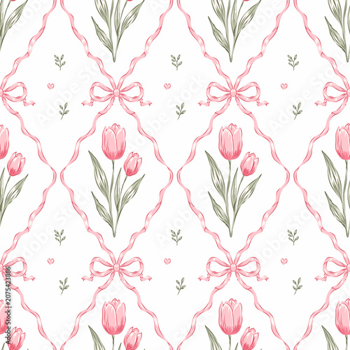 Tulip seamless pattern with pink ribbon bows and elegant floral design for fabric, textile, wallpaper, wrapping paper, nursery decor and spring surface print.