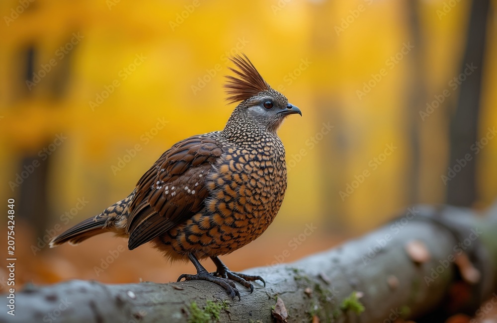 Fototapeta premium Female ruffed grouse perched on fallen tree trunk. Bird displays intricate brown feathers. Autumn forest with blurred yellow foliage background. Wildlife detail portrait.