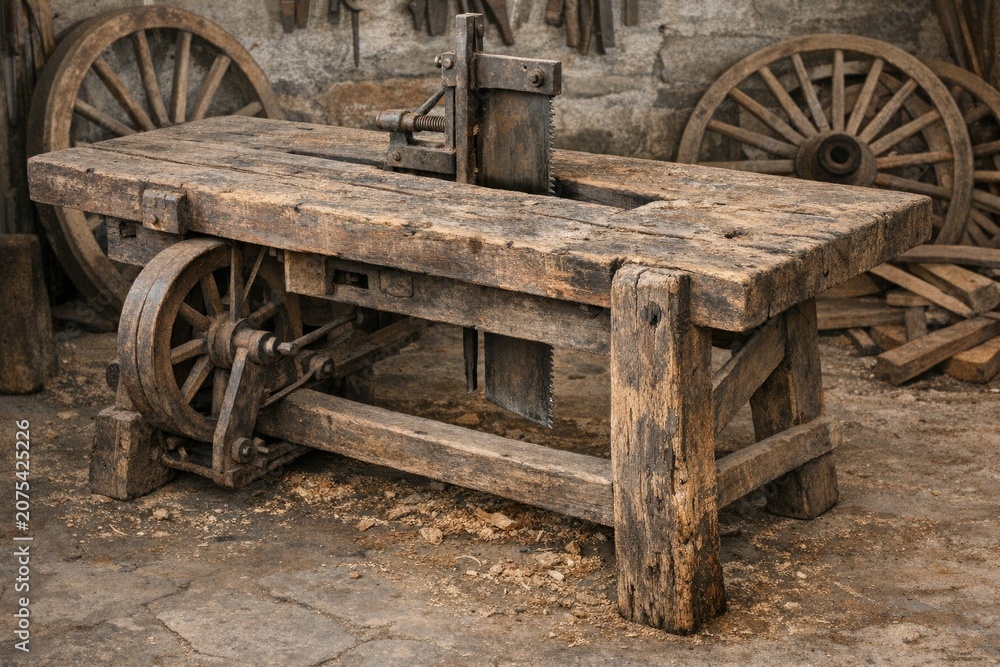 Obraz premium A mobile table with wheels and a bucket on top, suitable for outdoor use or as a makeshift workstation