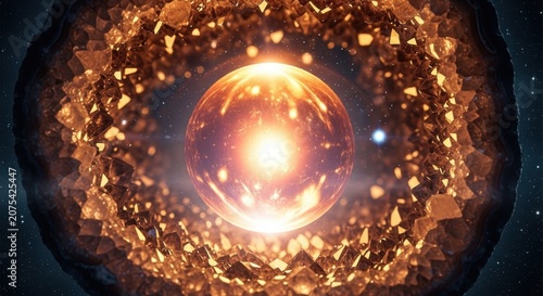Radiant Sphere Glows Amidst Crystal Structure in Abstract Setting