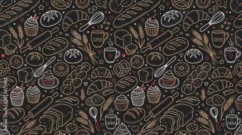 Bakery and bread items dark seamless pattern