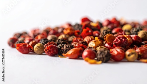 Close up of mixed peppercorns on white background.