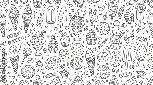 Black and white doodle pattern of sweet ice cream.