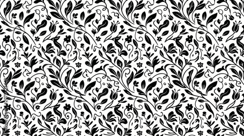 Black and white floral vine seamless pattern background.