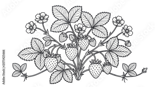 Black and white line art strawberry plant illustration.