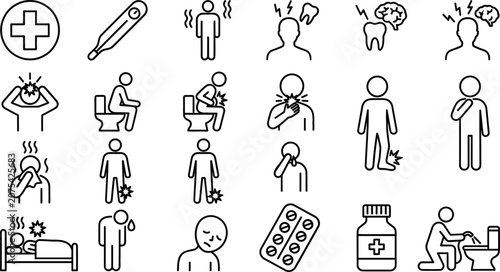 Obraz na plátne Medical Symptoms and Disease Line Icon Set Featuring Fever Headache Nausea Tooth