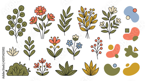 Abstract botanical shapes and floral element set.