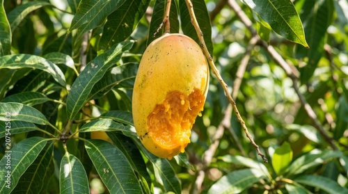Close up of partially eaten ripe mango hanging on tree with fresh juicy exposed flesh