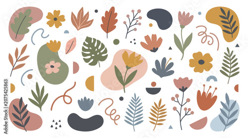 Abstract organic shapes and botanical leaf pattern.