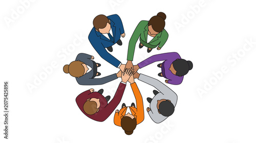 Aerial view of diverse people joining hands together.