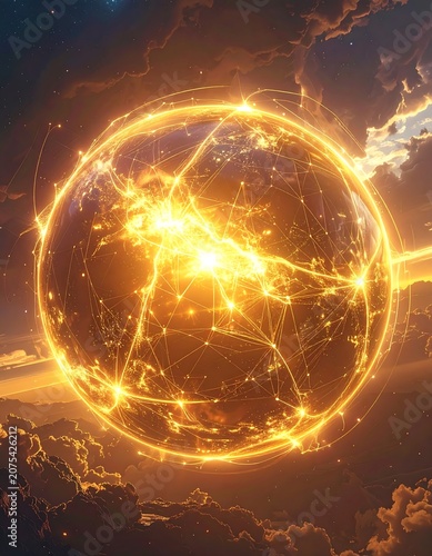 Golden cosmic energy swirl in dark space background.