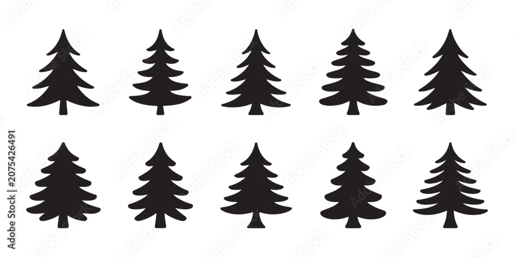 Obraz premium Black evergreen tree silhouettes for outdoor landscape and mountain forest concept vector design elements.