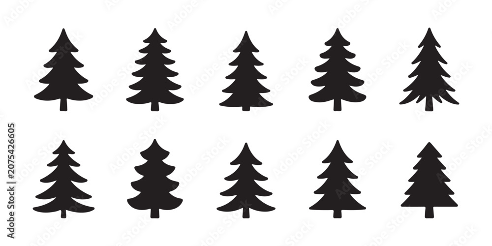 Obraz premium Collection of simple pine tree icons for minimalist forest scenes and woodland graphic design illustrations.