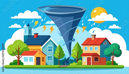 Colorful cartoon houses with blue rain cloud above.