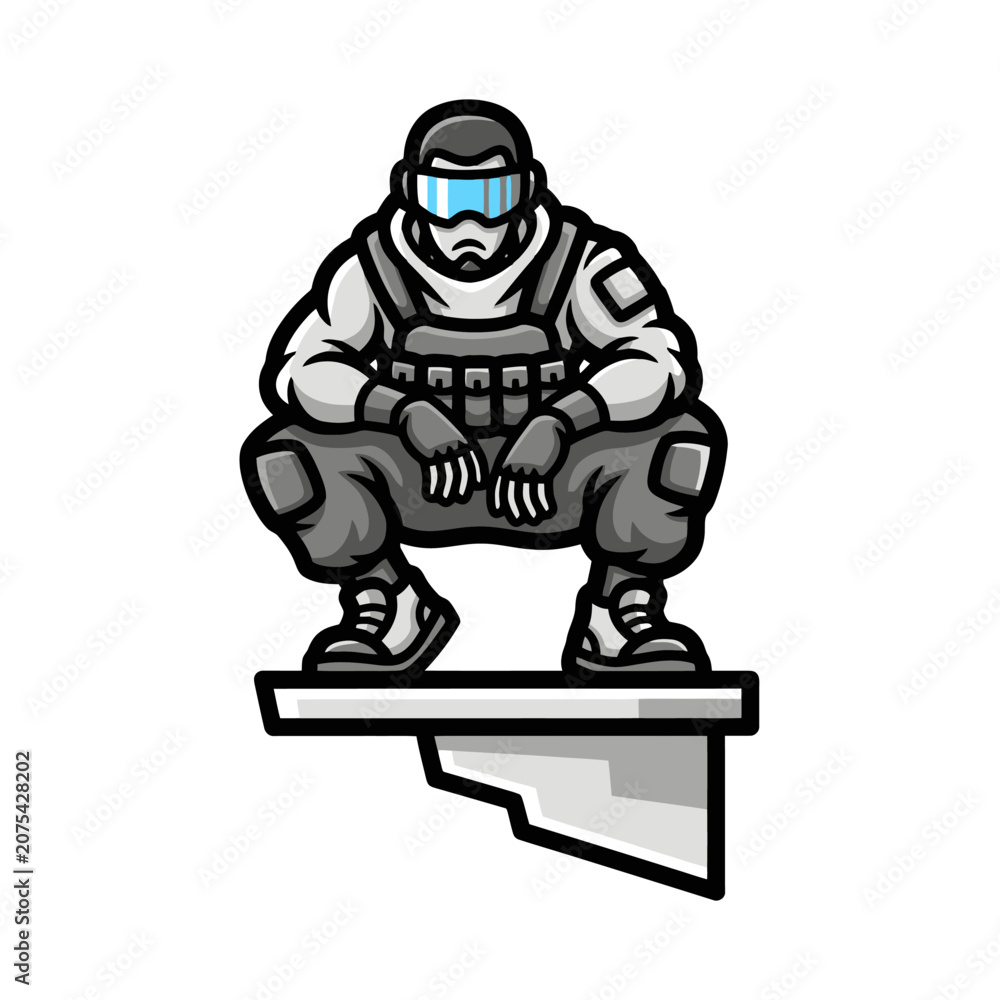 Naklejka premium Soldier in tactical gear crouching on platform illustration.
