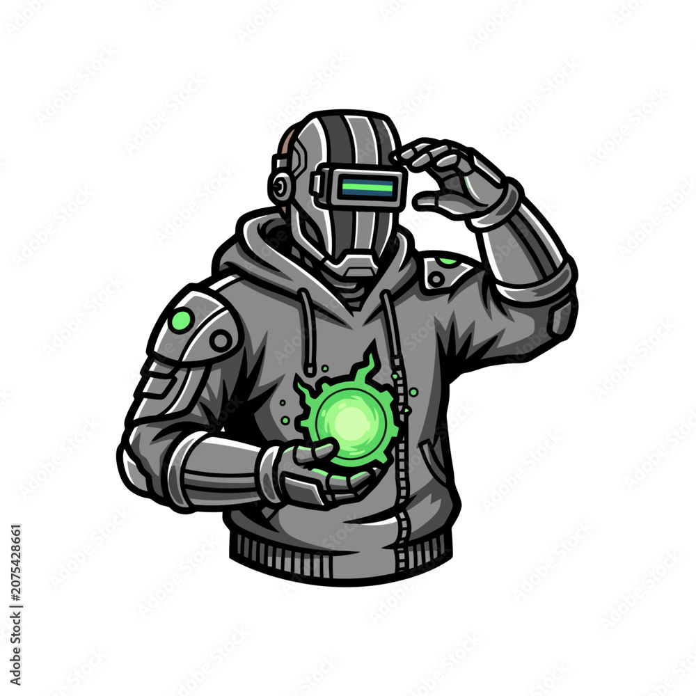 Fototapeta premium Futuristic robot holding glowing green energy sphere.