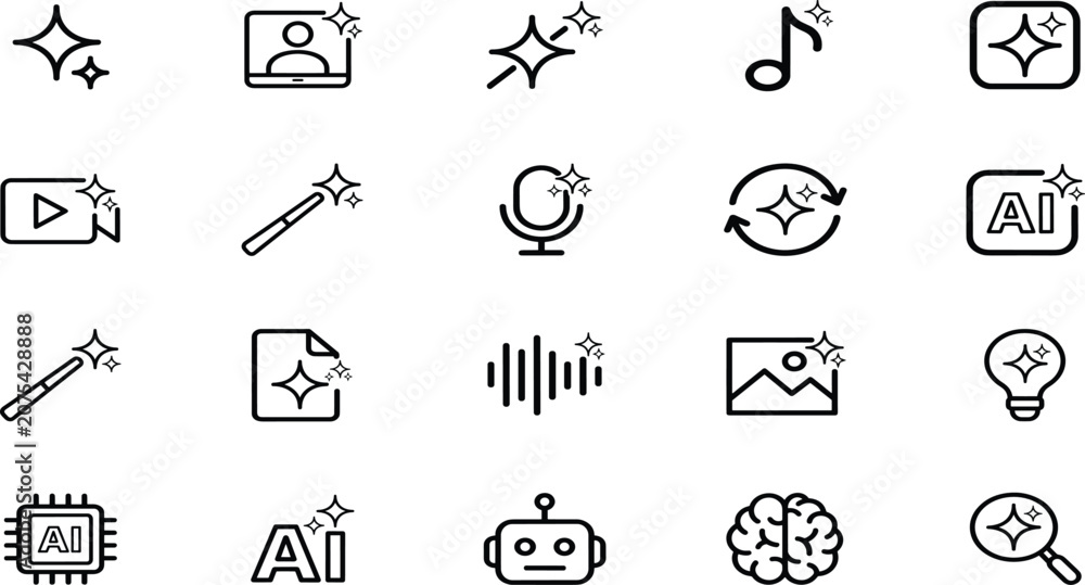 Fototapeta premium Artificial intelligence AI tools and sparkle effect vector icon set with magic wand robot chatbot smart microchip brain and content creation symbols.
