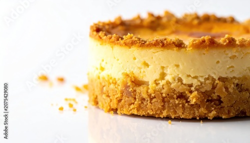 Close up of baked cheesecake slice on white surface.