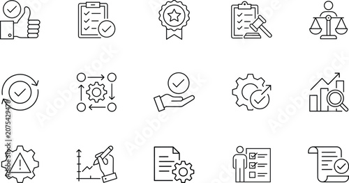 Foto Quality management and business compliance vector icon set with guidelines standards best practices optimization benchmark ethics and consistency line symbols