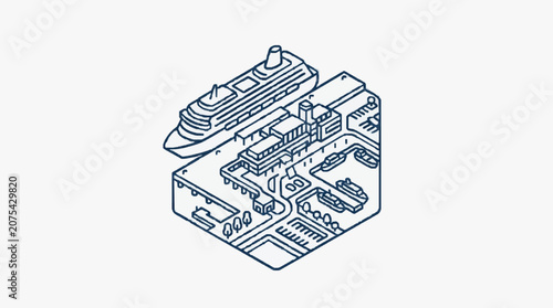 Cruise Ship Docked At Modern Port Terminal Isometric Illustration.