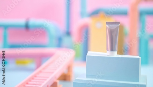 Cosmetic cream tube on pedestal in colorful miniature city.