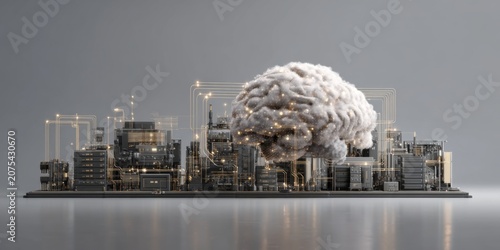 Futuristic factory landscape with a large cloud-shaped brain symbolizing artificial intelligence and technology integration in industrial environments