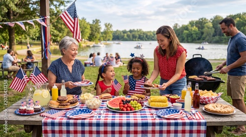 Family and friends gather for a classic American summer BBQ and picnic by the lake on a sunny day