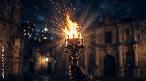 A gloved hand holds a torched with a bright flame in a historic building at nighttime.