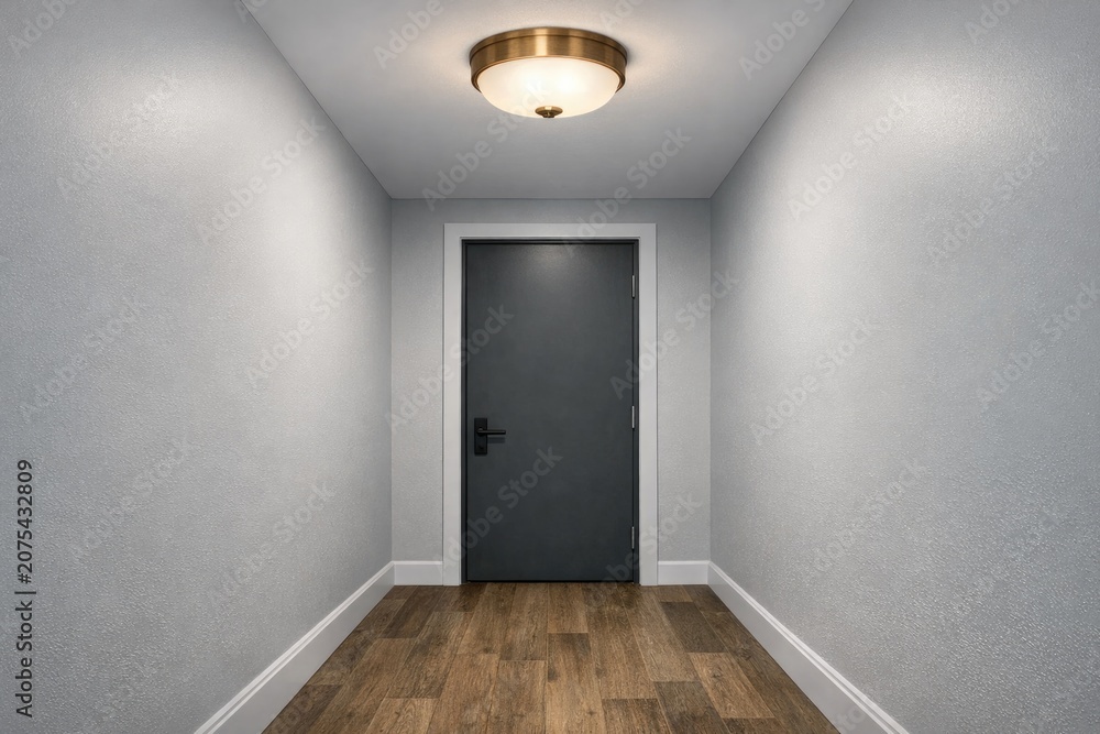 Fototapeta premium A simple hallway with a door and wooden floor, ideal for use in interior design or architecture scenes