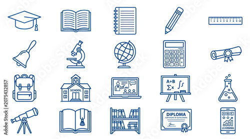 Cuadro en lienzo Blue line education and school subject icon set.