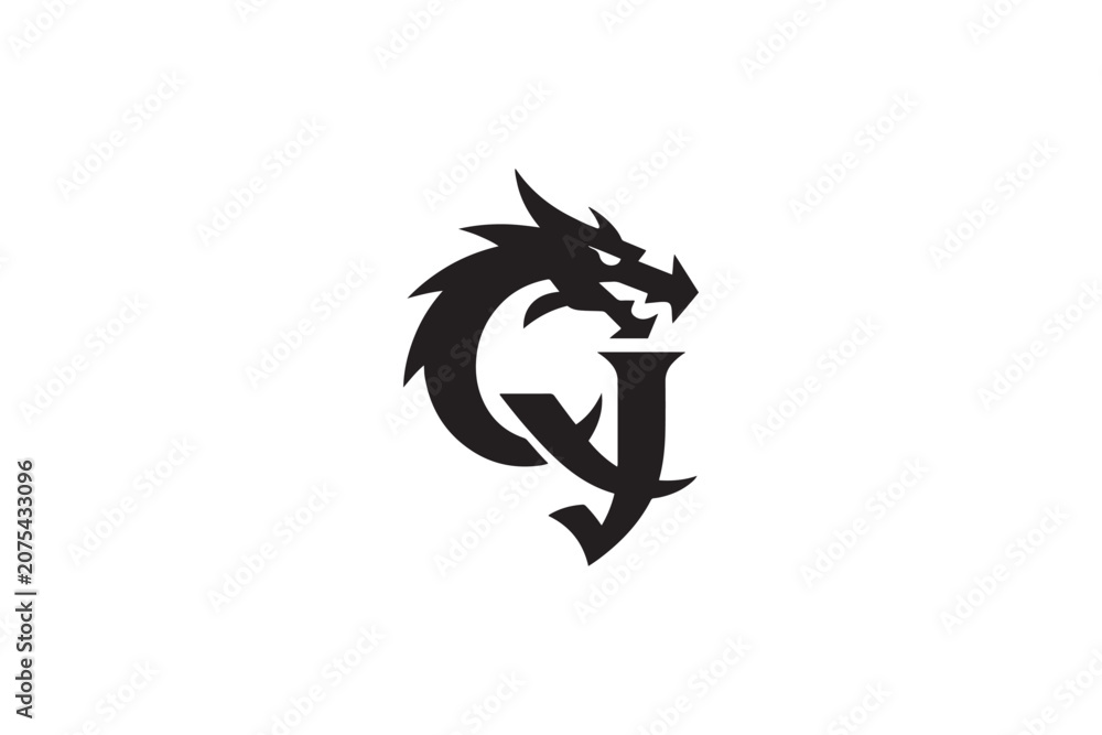 Fototapeta premium Fierce dragon head embellishing elegant qj initials logo design