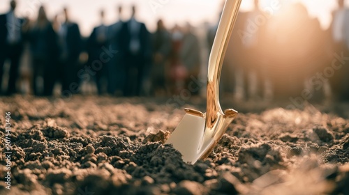 Golden ceremonial shovel digging into soil during a formal groundbreaking ceremony. Blurred businesspeople stand in the background