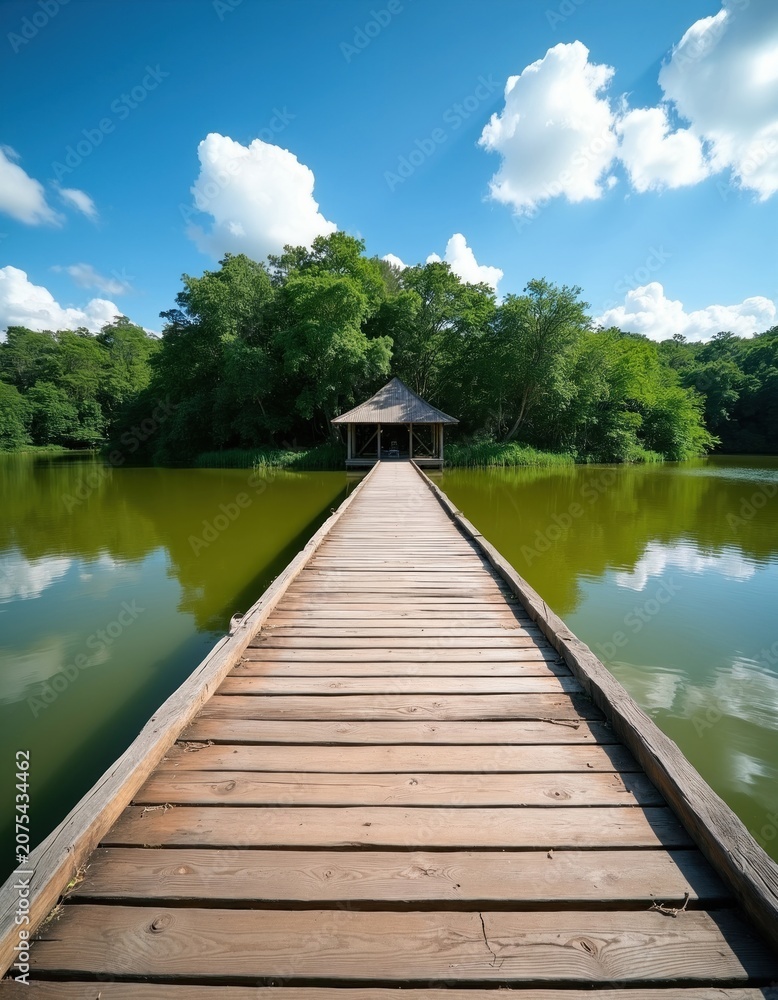 Fototapeta premium Wooden pier on green water leads to gazebo surrounded by trees under blue sky with clouds. Peaceful natural landscape invites quiet contemplation and outdoor exploration.