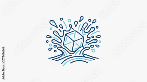 Schilderij op canvas Ice cube splashing into water with droplets.