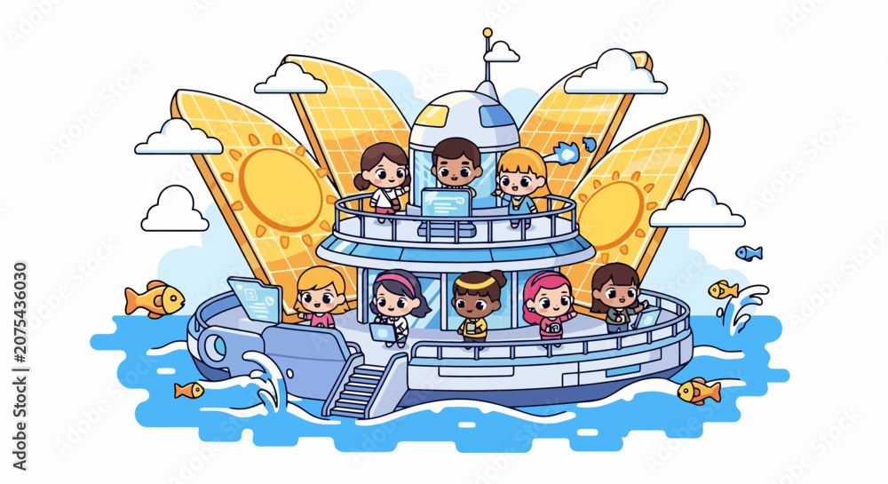 Naklejka premium Happy diverse children enjoying a boat trip on the ocean.