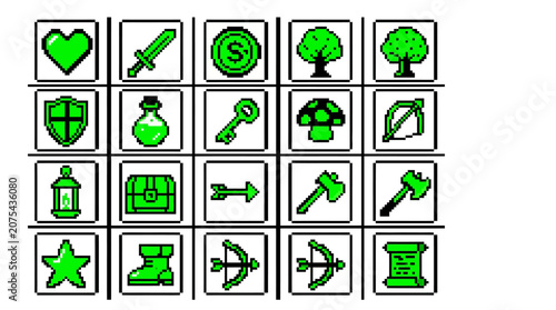 Pixel Art Icons: Fantasy Game Assets - Heart, Sword, Potion, Chest, Bow, Axe
