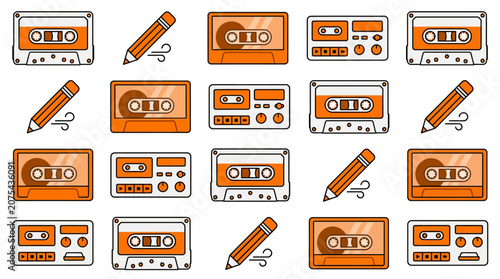 Retro Cassette Tapes and Pencils Icon Set: Music, Writing, Nostalgia, Vintage Technology