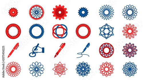 Gears, Pens, and Geometric Patterns: Red and Blue Icons for Technology, Design, and Innovation
