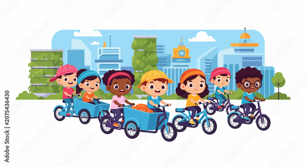 Naklejka premium Diverse group of happy children riding bicycles in a city.