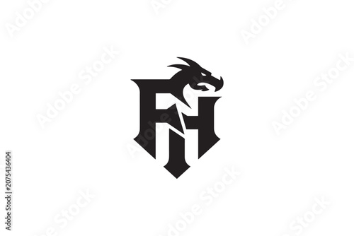Fantasy dragon head emblem merges bold fh monogram for mythical branding