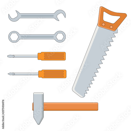 Colored hand tools vector icon set. Flat illustration of repair and construction equipment with screwdrivers, wrenches, saw and hammer isolated on white background. DIY and workshop concept.