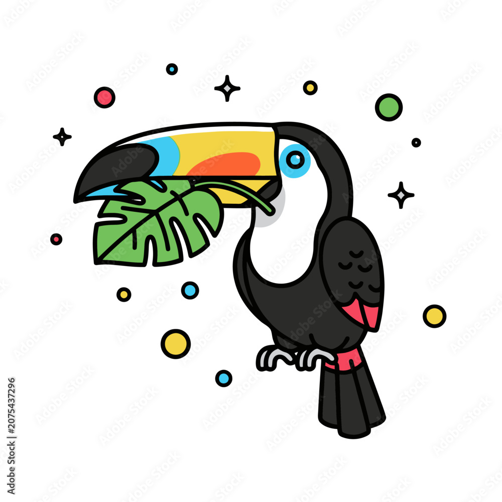 Obraz premium Colorful Toucan Bird Holding A Tropical Leaf In Its Beak Surrounded By Floating Geometric Shapes Representing A Joyful Wildlife Theme For Creative Children Books And Fun Educational Pattern