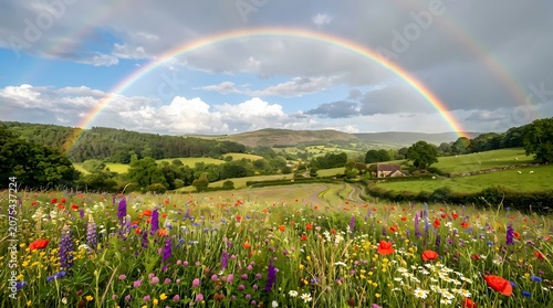 Vibrant Rainbow Over Green Meadow and Countryside Field Under Dramatic Summer Sky After Rainfall Landscape Scene