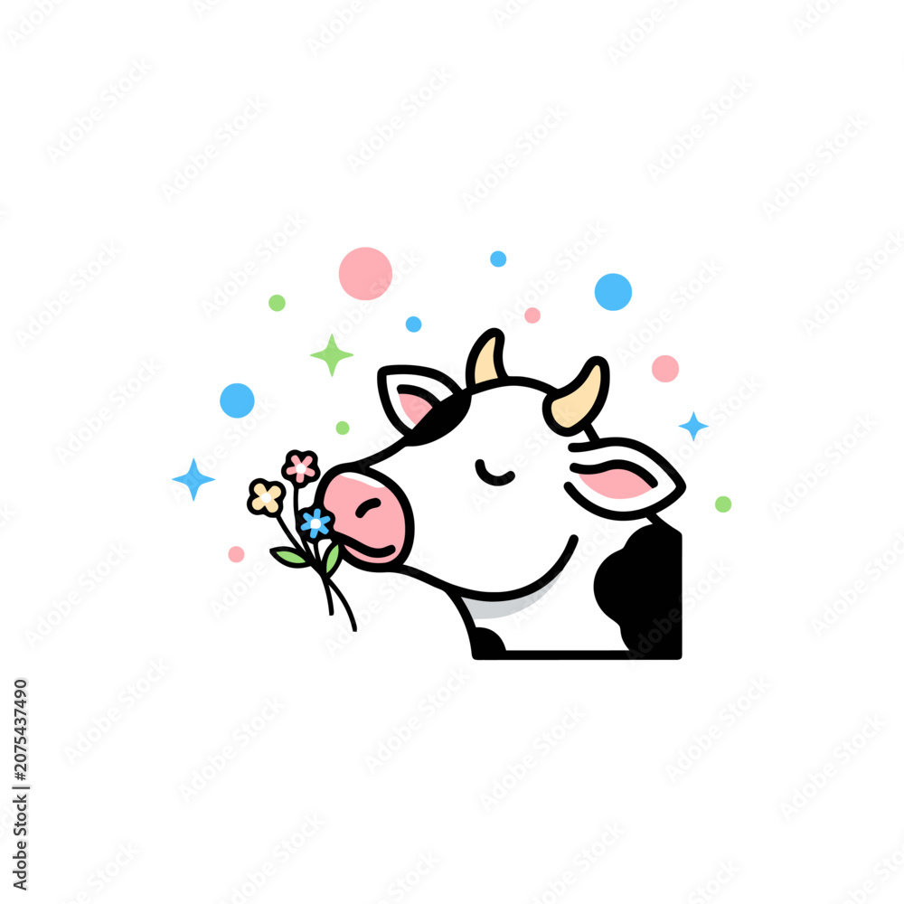 Fototapeta premium A cute dairy cow sniffing garden flowers during a sunny spring day while peaceful dots and stars float through the air to create a cheerful atmosphere for children and creative livestock projects