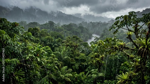 Misty Fog Over Green Mountain Forest Landscape with Clouds and Scenic Summer Nature View