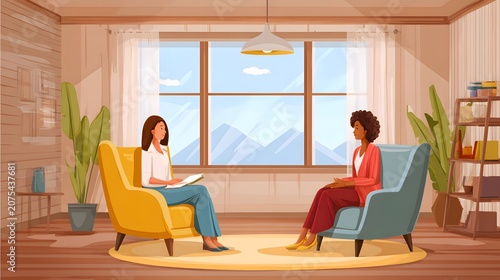 A professional coaching session in a calm, minimalist room, capturing a supportive conversation between a mentor and client focused on personal growth.