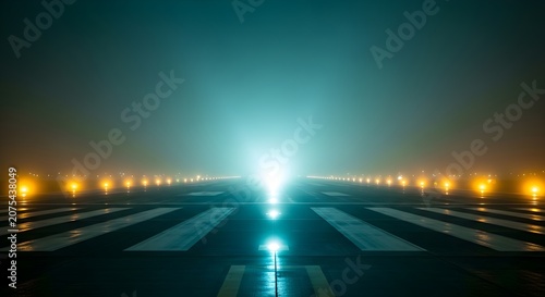 Bright landing lights on airport runway at night in fog
