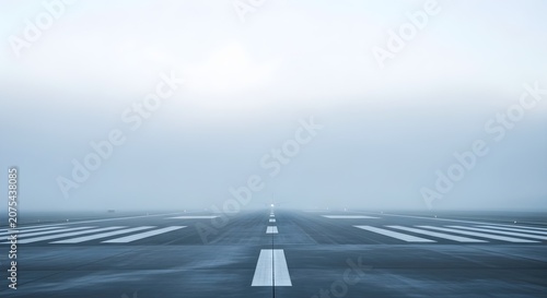 Empty airport runway vanishing into dense blue fog